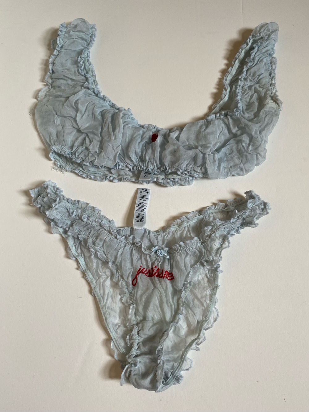 SKIMS “Just Kiss Me” Silk Ruffle Lingerie Set / Powder Blue w red embroidery / M